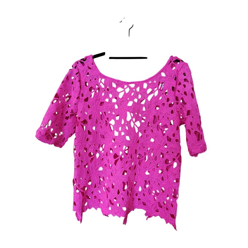 Crochet Knit Hot Pink Top By Angela Fashion Size L Openwork Design Short Sleeves